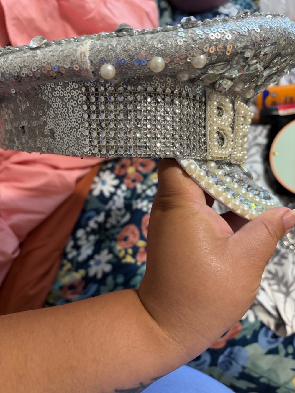 Bride Embellished Sequin & Pearl Cap - Picture 2 of 3